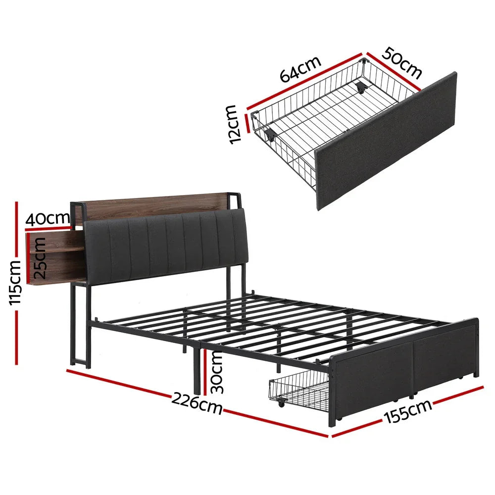 Artiss Metal Bed Frame Queen Size with 2-Tier Hidden Storage with Charging Station - Mekamart Australia