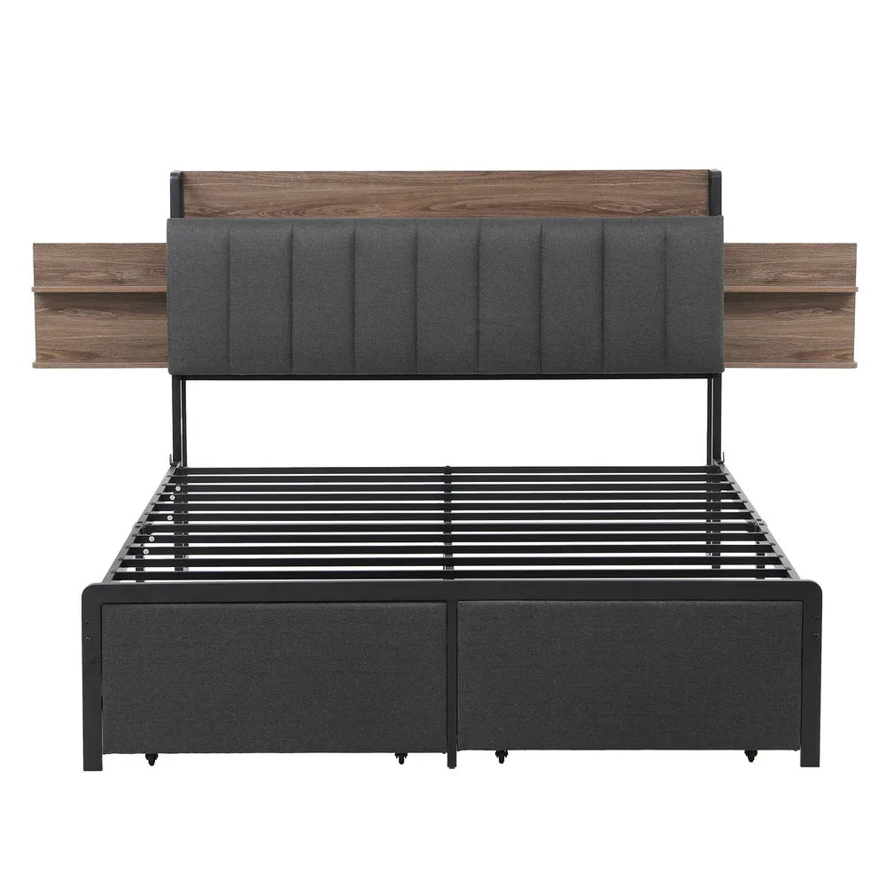 Artiss Metal Bed Frame Queen Size with 2-Tier Hidden Storage with Charging Station - Mekamart Australia