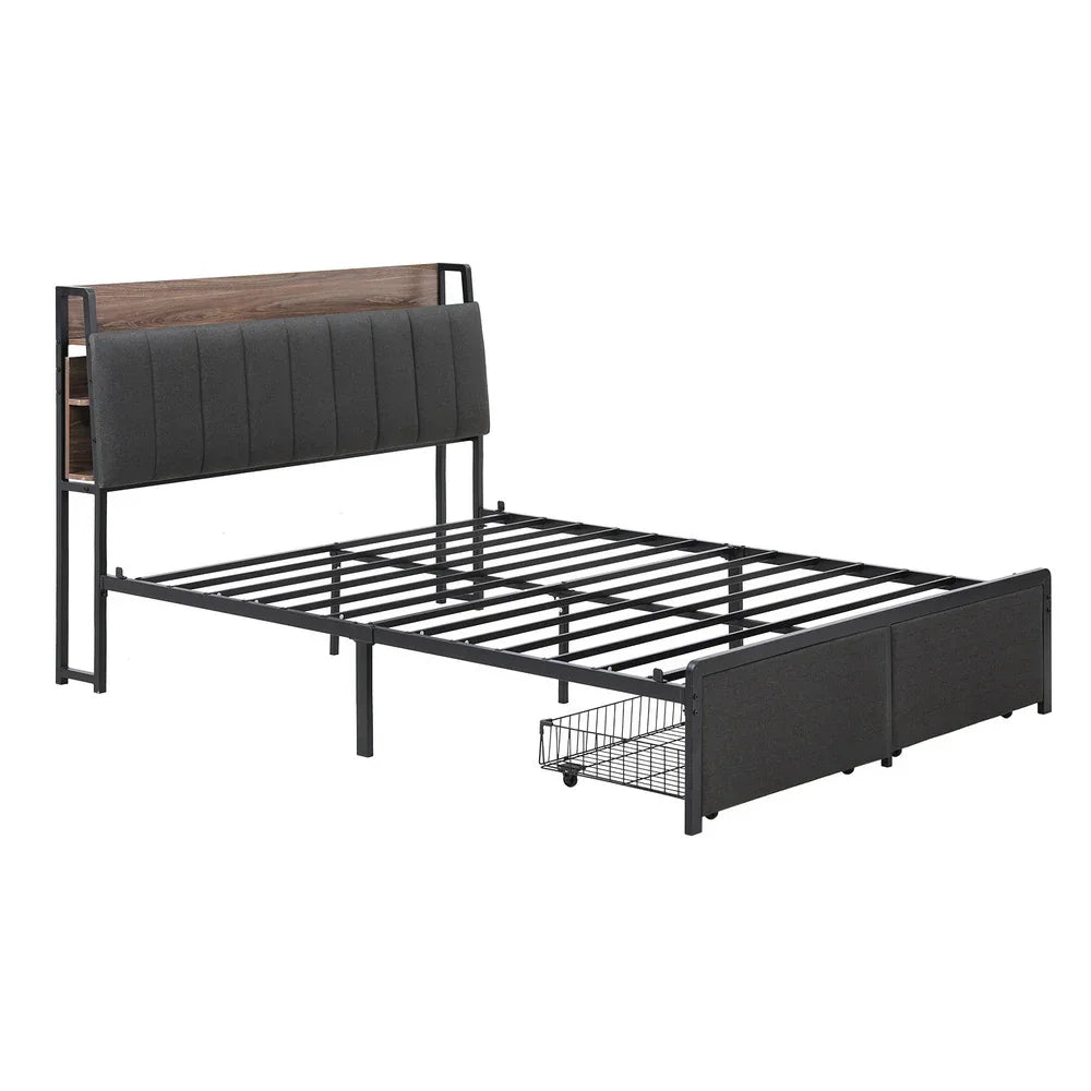 Artiss Metal Bed Frame Queen Size with 2-Tier Hidden Storage with Charging Station - Mekamart Australia