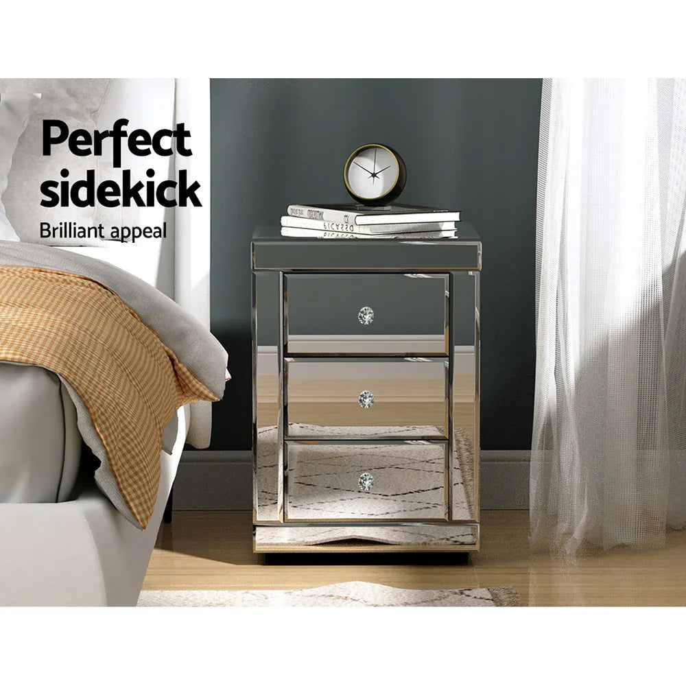 Artiss Bedside Table 3 Drawers Mirrored - PRESIA Silver - Mekamart Australia