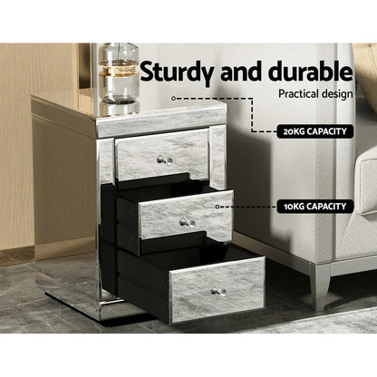 Artiss Bedside Table 3 Drawers Mirrored - PRESIA Silver - Mekamart Australia