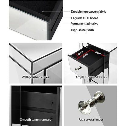 Artiss Bedside Table 3 Drawers Mirrored - PRESIA Silver - Mekamart Australia