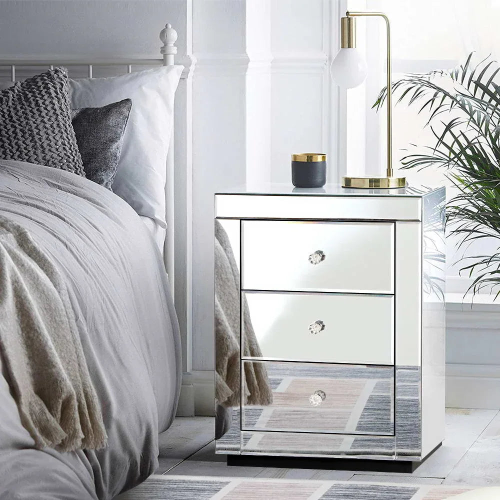 Artiss Bedside Table 3 Drawers Mirrored - PRESIA Silver - Mekamart Australia