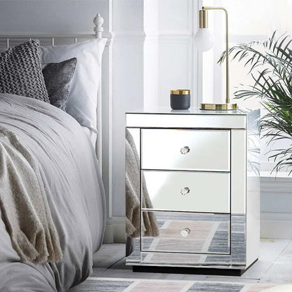 Artiss Bedside Table 3 Drawers Mirrored - PRESIA Silver - Mekamart Australia