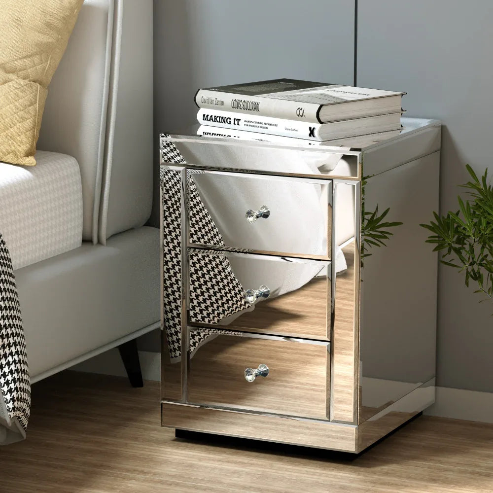 Artiss Bedside Table 3 Drawers Mirrored - PRESIA Silver - Mekamart Australia
