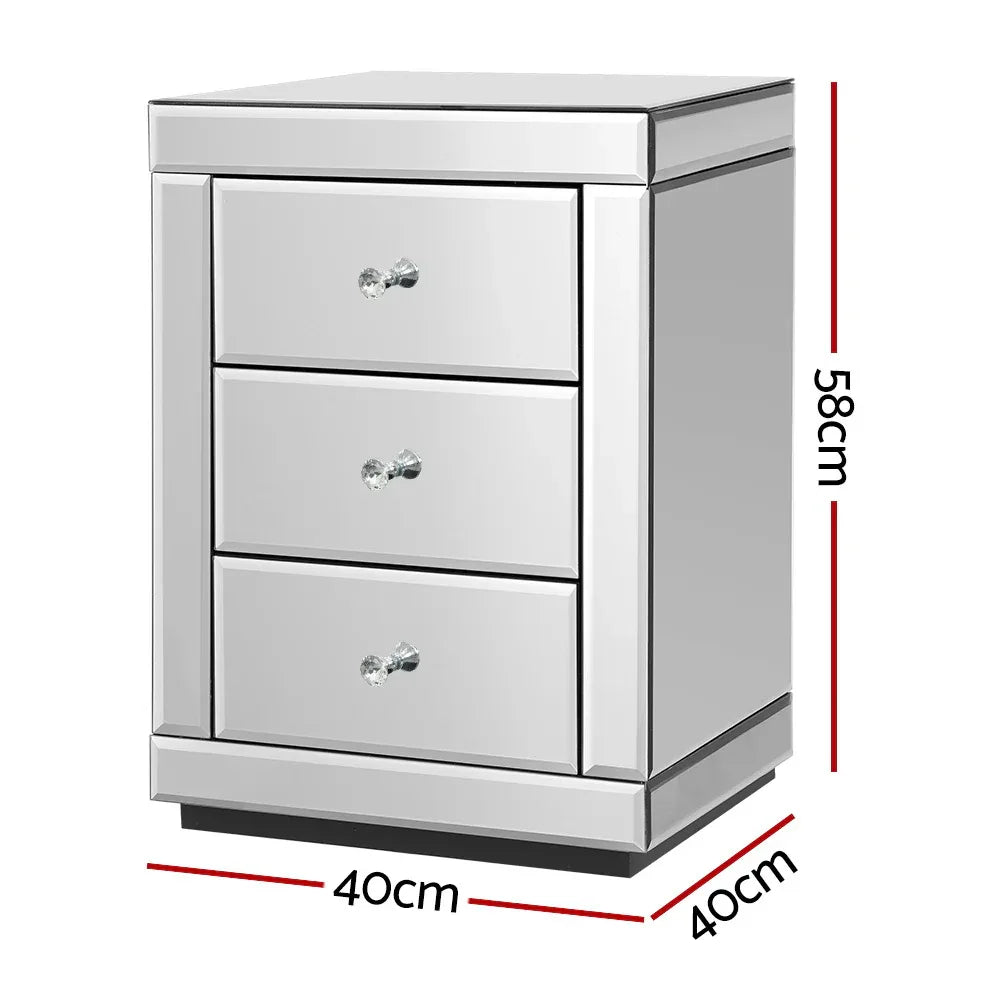 Artiss Set of 2 Bedside Table 3 Drawers Mirrored Glass - PRESIA Silver - Mekamart Australia