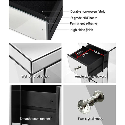 Artiss Set of 2 Bedside Table 3 Drawers Mirrored Glass - PRESIA Silver - Mekamart Australia
