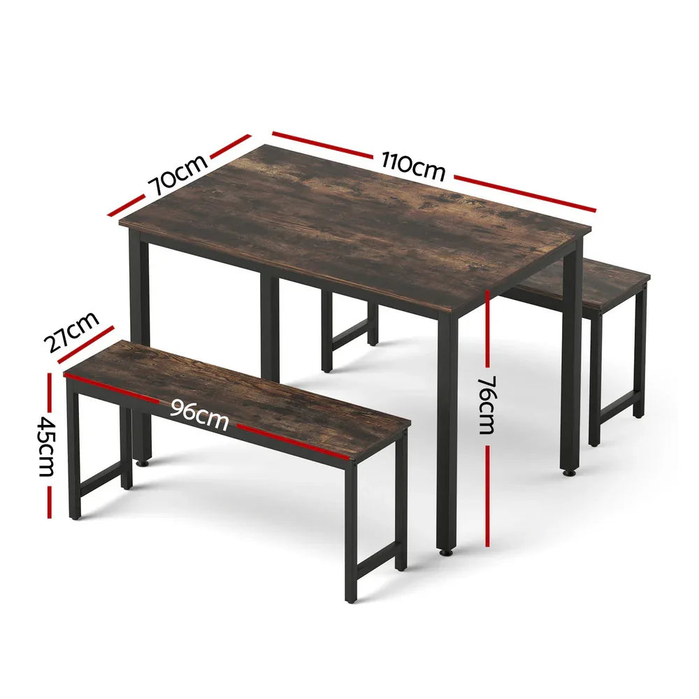 Artiss Dining Table and Chairs Set 3PCS Kitchen Metal Desk Bench Dark Walnut - Mekamart Australia