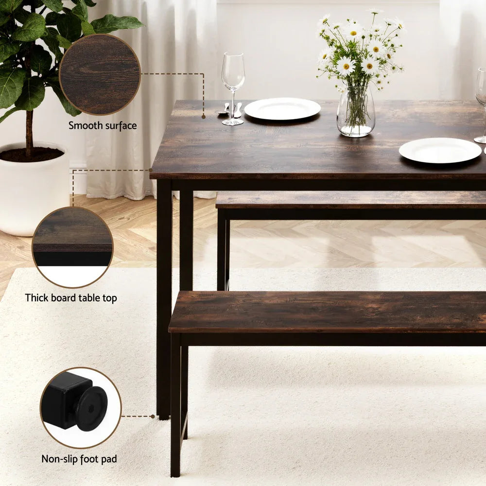 Artiss Dining Table and Chairs Set 3PCS Kitchen Metal Desk Bench Dark Walnut - Mekamart Australia