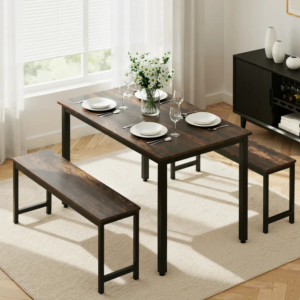 Artiss Dining Table and Chairs Set 3PCS Kitchen Metal Desk Bench Dark Walnut - Mekamart Australia