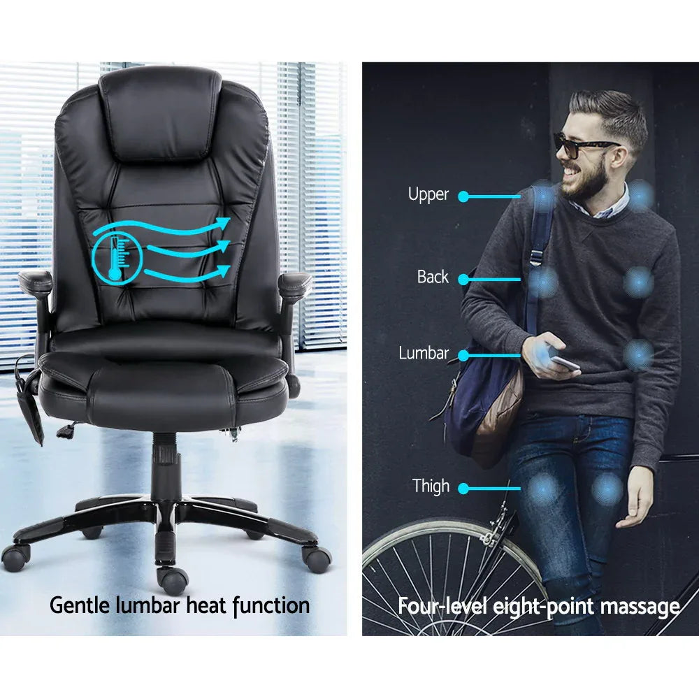 Artiss 8 Point Massage Office Chair Heated Seat Recliner PU Black - Mekamart Australia