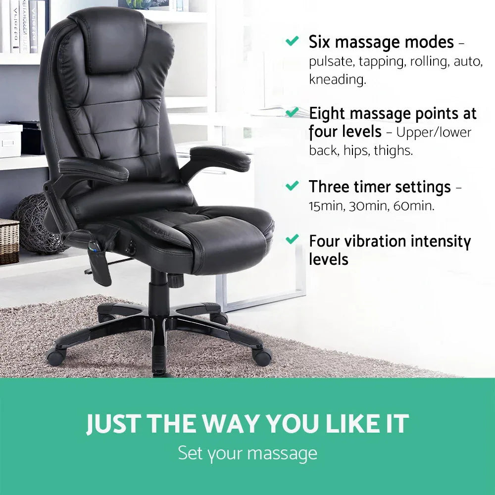 Artiss 8 Point Massage Office Chair Heated Seat Recliner PU Black - Mekamart Australia