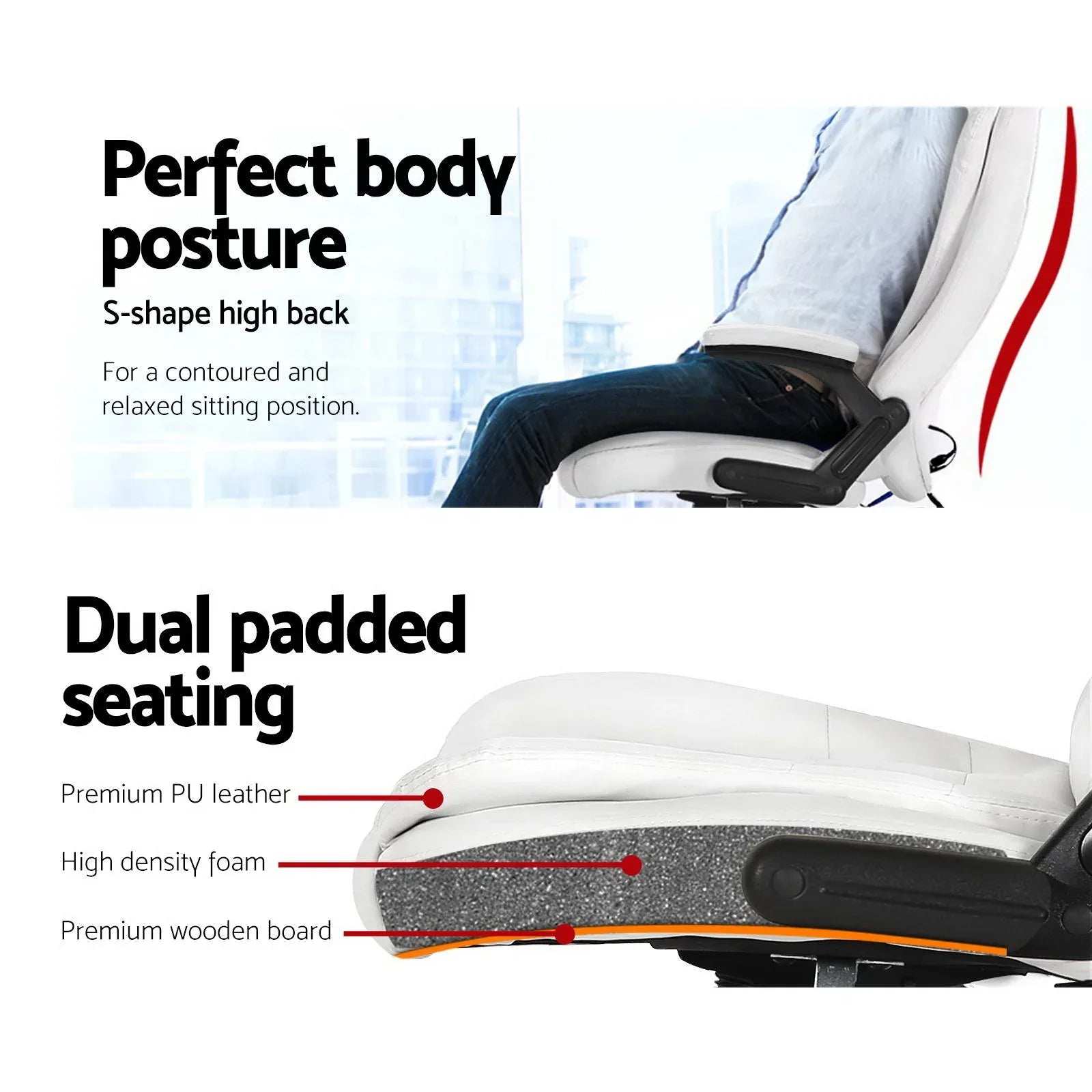 Artiss 8 Point Massage Office Chair Heated Seat Recliner PU White - Mekamart Australia