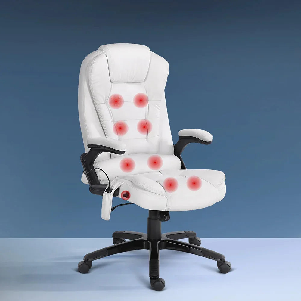 Artiss 8 Point Massage Office Chair Heated Seat Recliner PU White - Mekamart Australia