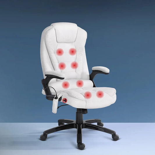 Artiss 8 Point Massage Office Chair Heated Seat Recliner PU White - Mekamart Australia