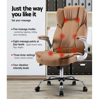 Artiss 8 Point Massage Office Chair PU Leather Brown - Mekamart Australia