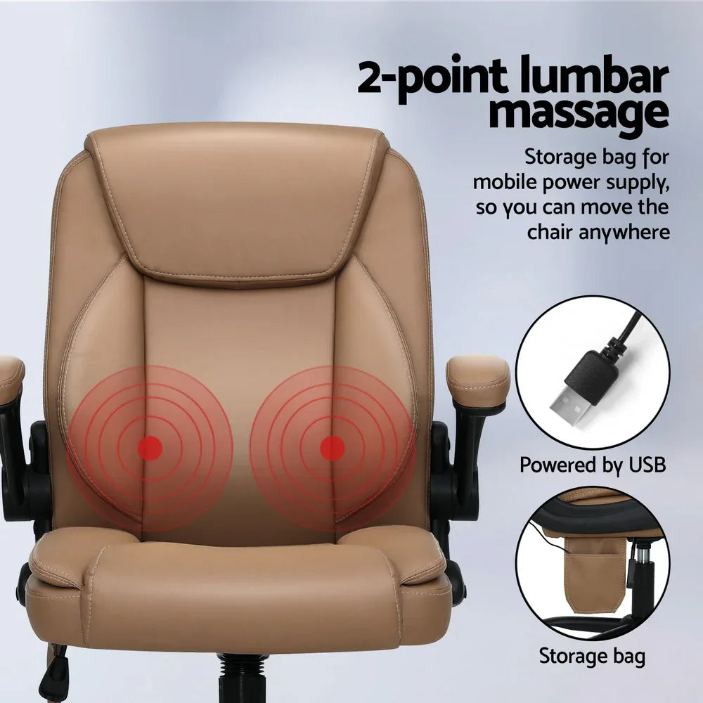 Artiss 2 Point Massage Office Chair Leather Mid Back Brown - Mekamart Australia