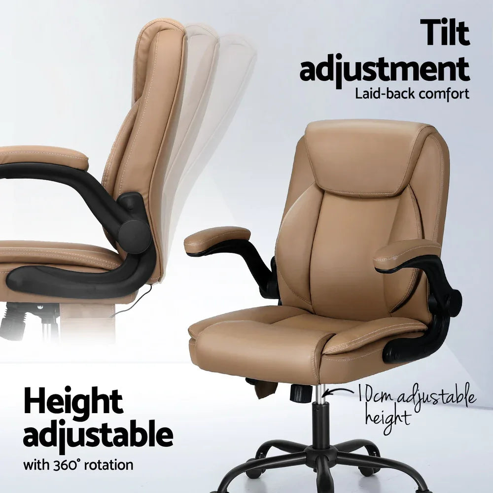 Artiss 2 Point Massage Office Chair Leather Mid Back Brown - Mekamart Australia
