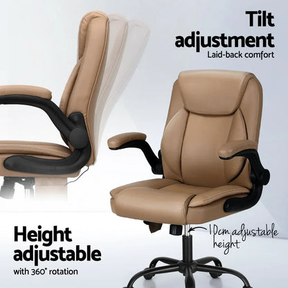 Artiss 2 Point Massage Office Chair Leather Mid Back Brown - Mekamart Australia