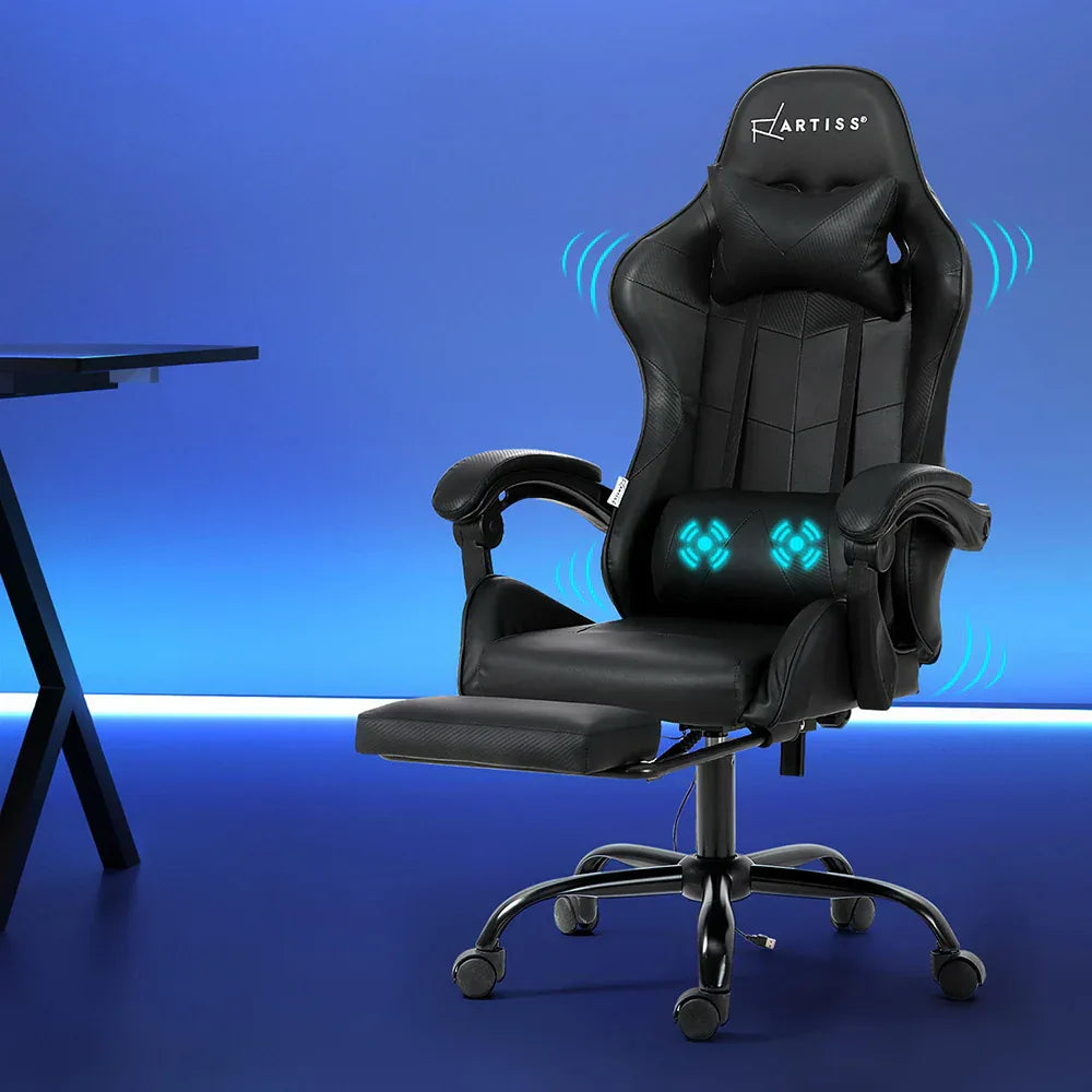 Artiss 2 Point Massage Gaming Office Chair Footrest Black - Mekamart Australia