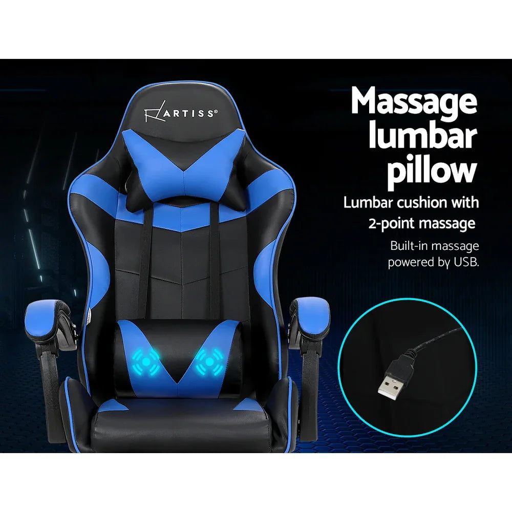 Artiss 2 Point Massage Gaming Office Chair Footrest Blue - Mekamart Australia