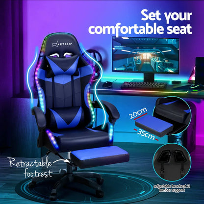 Artiss 6 Point Massage Gaming Office Chair 7 LED Footrest Blue - Mekamart Australia