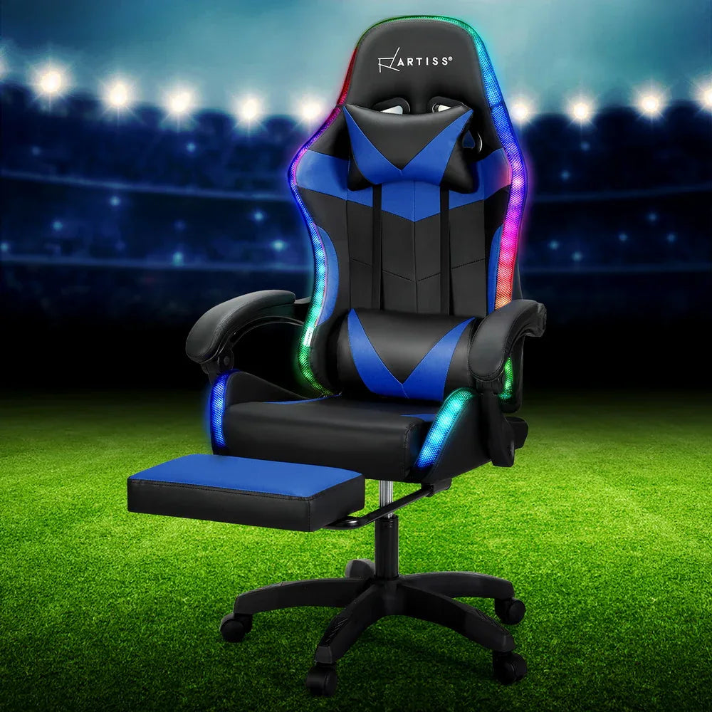Artiss 6 Point Massage Gaming Office Chair 7 LED Footrest Blue - Mekamart Australia