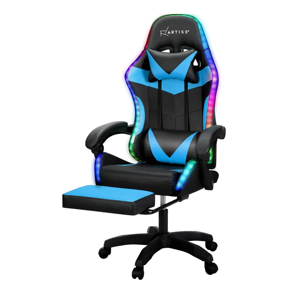 Artiss 6 Point Massage Gaming Office Chair 7 LED Footrest Cyan Blue - Mekamart Australia