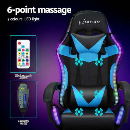 Artiss 6 Point Massage Gaming Office Chair 7 LED Footrest Cyan Blue - Mekamart Australia