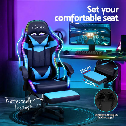 Artiss 6 Point Massage Gaming Office Chair 7 LED Footrest Cyan Blue - Mekamart Australia