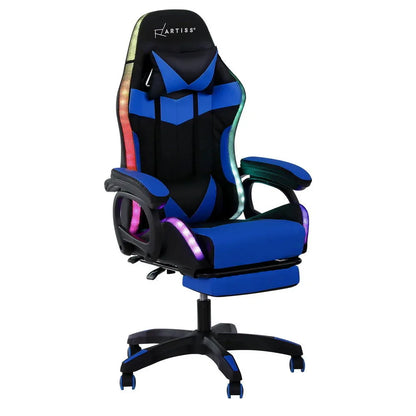 Artiss Gaming Office Chair 12 RGB LED Massage Computer Work Seat Footrest Blue - Mekamart Australia