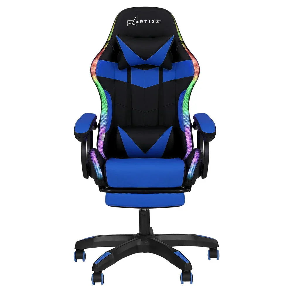 Artiss Gaming Office Chair 12 RGB LED Massage Computer Work Seat Footrest Blue - Mekamart Australia