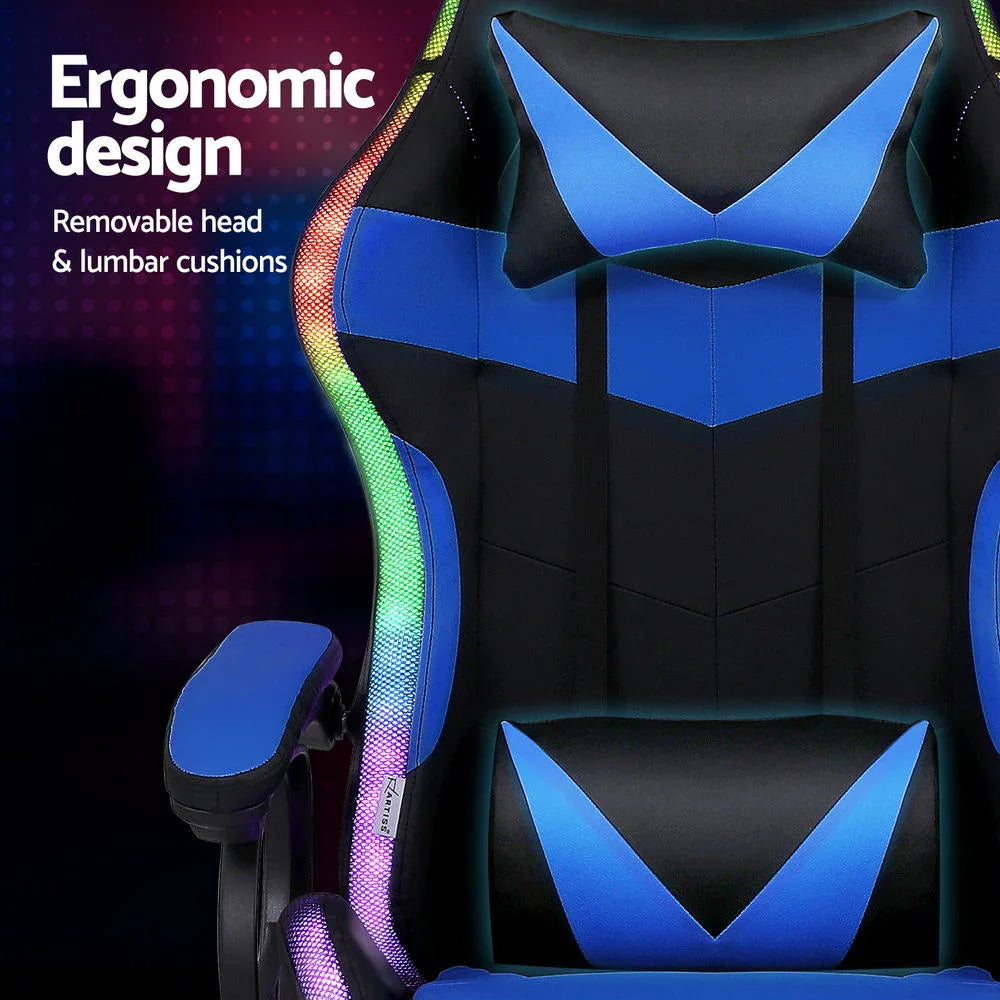 Artiss Gaming Office Chair 12 RGB LED Massage Computer Work Seat Footrest Blue - Mekamart Australia