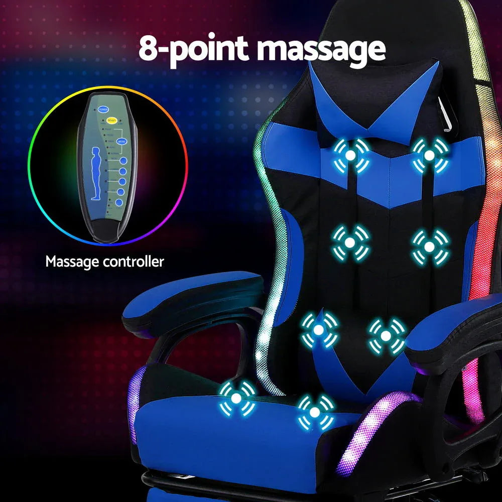 Artiss Gaming Office Chair 12 RGB LED Massage Computer Work Seat Footrest Blue - Mekamart Australia