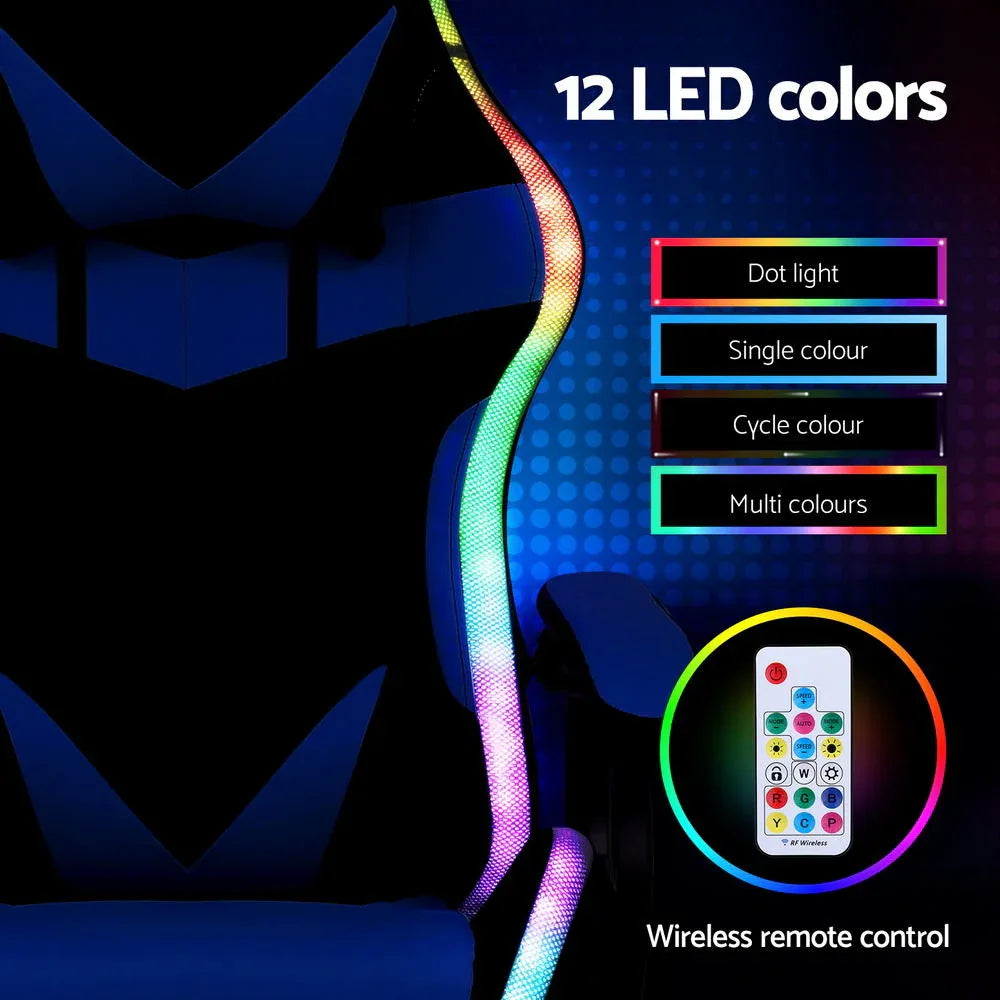 Artiss Gaming Office Chair 12 RGB LED Massage Computer Work Seat Footrest Blue - Mekamart Australia