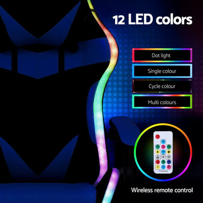 Artiss Gaming Office Chair 12 RGB LED Massage Computer Work Seat Footrest Blue - Mekamart Australia