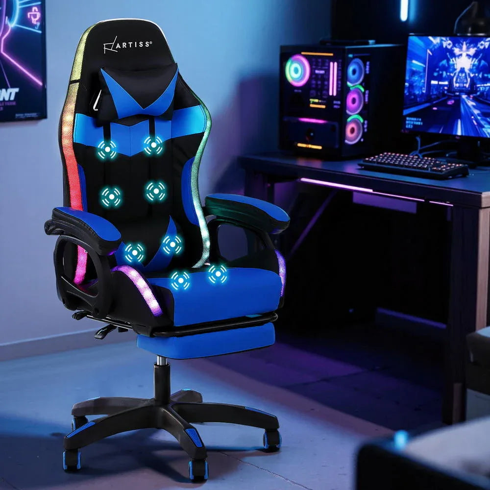 Artiss Gaming Office Chair 12 RGB LED Massage Computer Work Seat Footrest Blue - Mekamart Australia