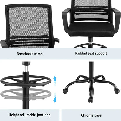 Artiss Office Chair Drafting Chairs Stool Computer Desk Studios Mesh Black - Mekamart Australia