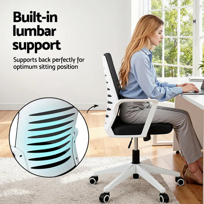 Artiss Ergonomic Office Chair Mesh Computer Desk Chairs with Lumbar Support, Height Adjustment Swivel Chair Mid Back for Home Office Study, Black and White - Mekamart Australia