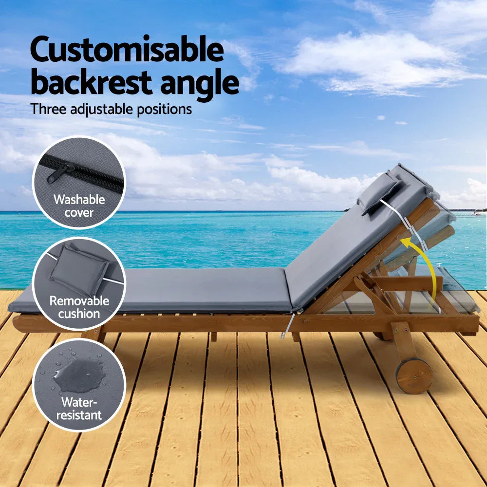 Gardeon Sun Lounge Wooden Lounger Outdoor Furniture Day Bed Wheels Patio Grey - Mekamart Australia