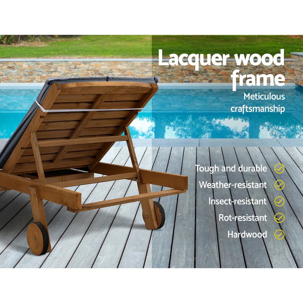 Gardeon Sun Lounge Wooden Lounger Outdoor Furniture Day Bed Wheels Patio Grey - Mekamart Australia