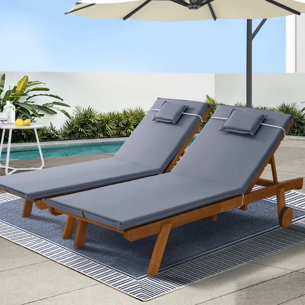 Gardeon 2x Sun Lounge Wooden Lounger Outdoor Furniture Day Bed Wheel Patio Grey - Mekamart Australia