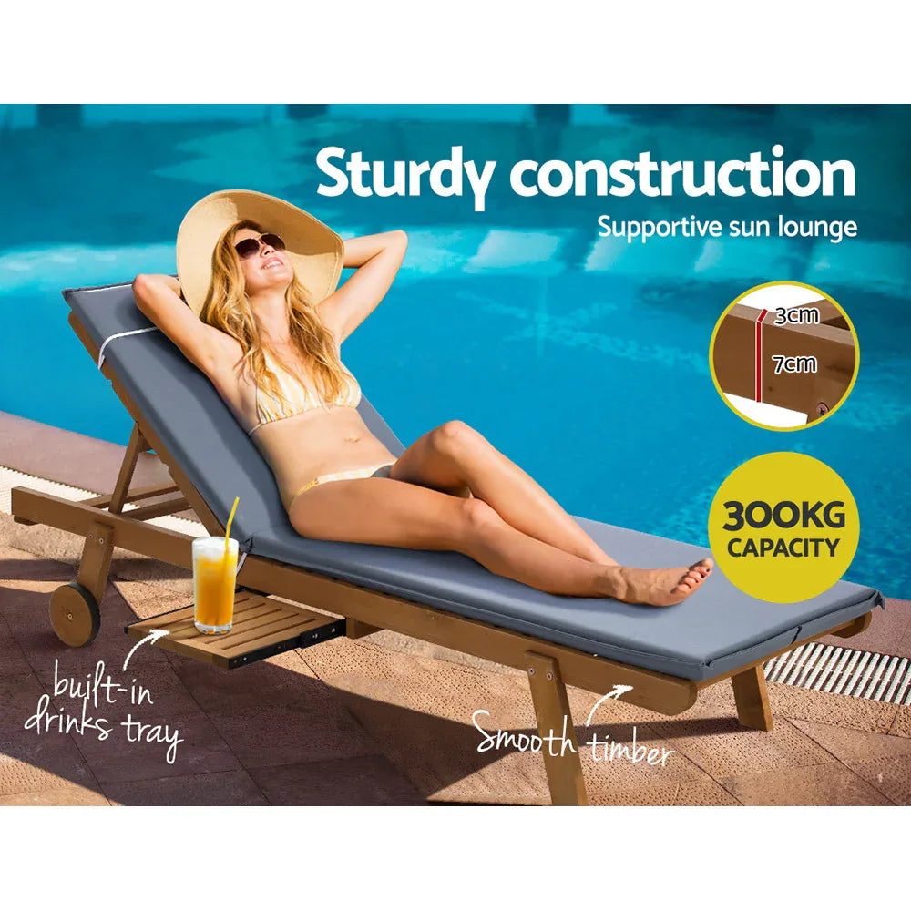 Gardeon 2x Sun Lounge Wooden Lounger Outdoor Furniture Day Bed Wheel Patio Grey - Mekamart Australia