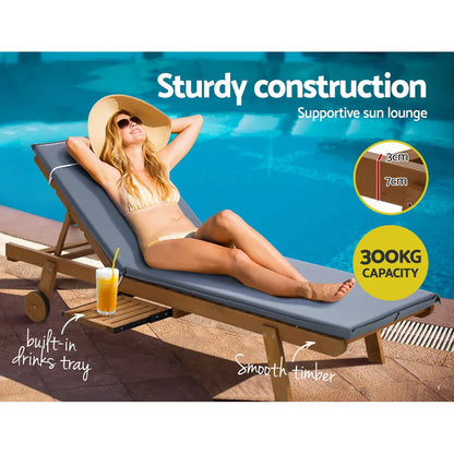 Gardeon 2x Sun Lounge Wooden Lounger Outdoor Furniture Day Bed Wheel Patio Grey - Mekamart Australia