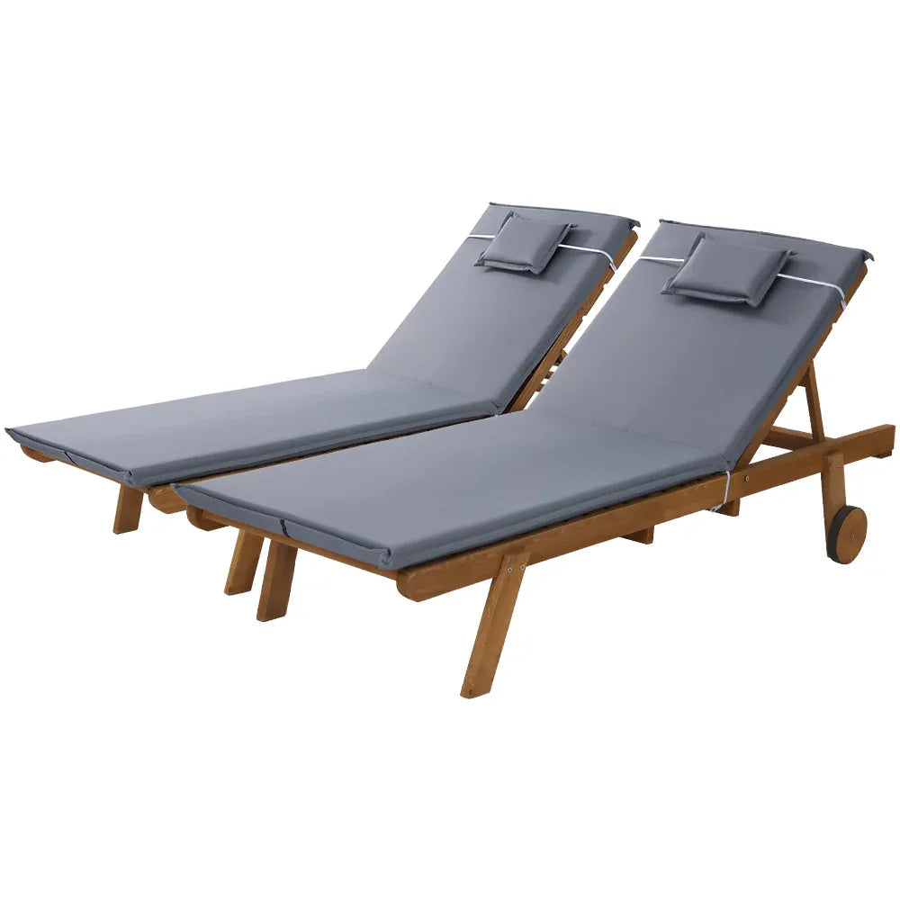 Gardeon 2x Sun Lounge Wooden Lounger Outdoor Furniture Day Bed Wheel Patio Grey - Mekamart Australia
