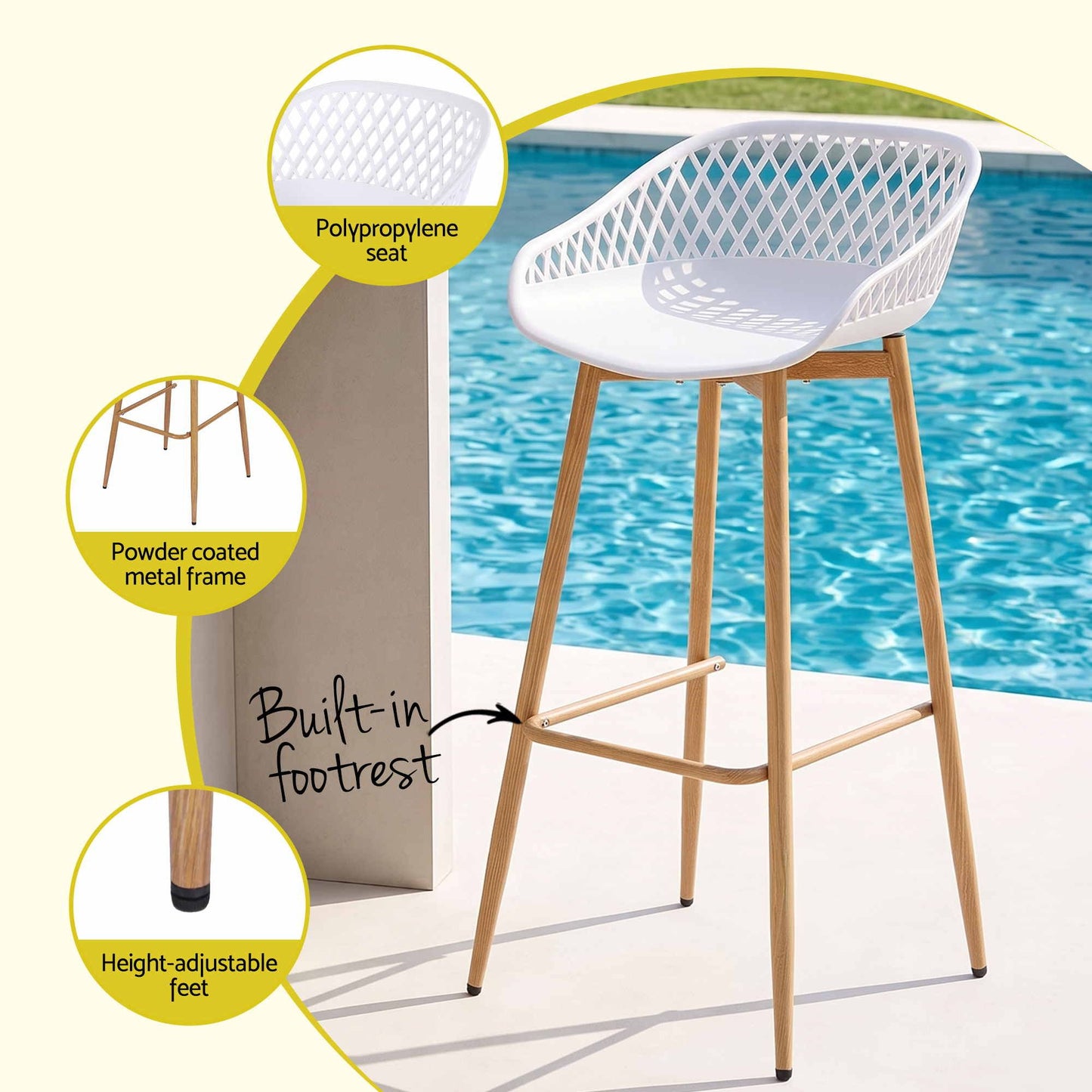 Gardeon 2PC Outdoor Bar Stools Plastic Metal Dining Chair Patio Furniture White