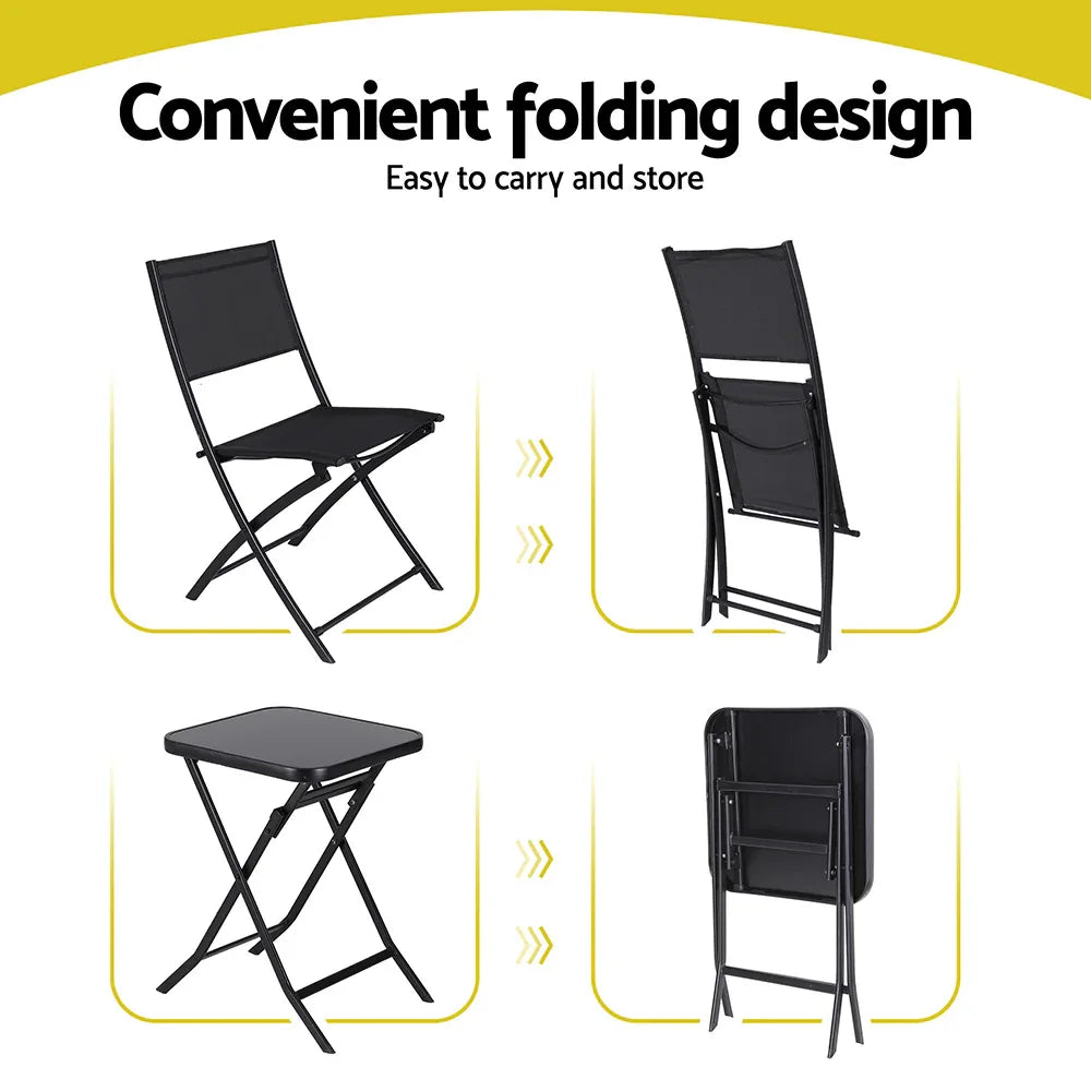 Gardeon Outdoor Bistro Set Folding Table and Chairs Patio Furniture Garden Steel Black - Mekamart Australia