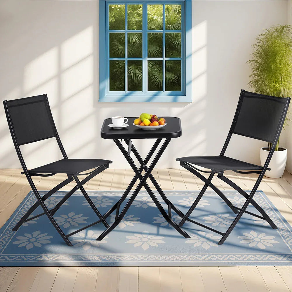 Gardeon Outdoor Bistro Set Folding Table and Chairs Patio Furniture Garden Steel Black - Mekamart Australia