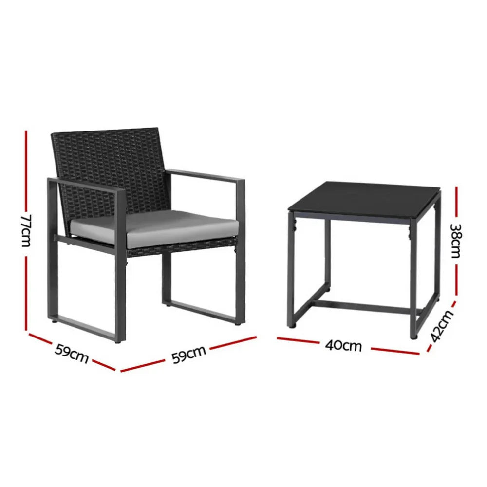 Gardeon 3PC Outdoor Bistro Set Patio Furniture Wicker Dining Chairs Table Cushion Black - Mekamart Australia