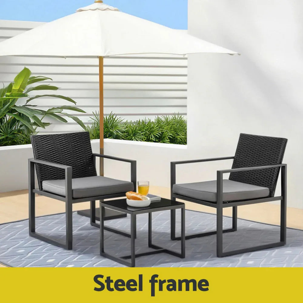 Gardeon 3PC Outdoor Bistro Set Patio Furniture Wicker Dining Chairs Table Cushion Black - Mekamart Australia